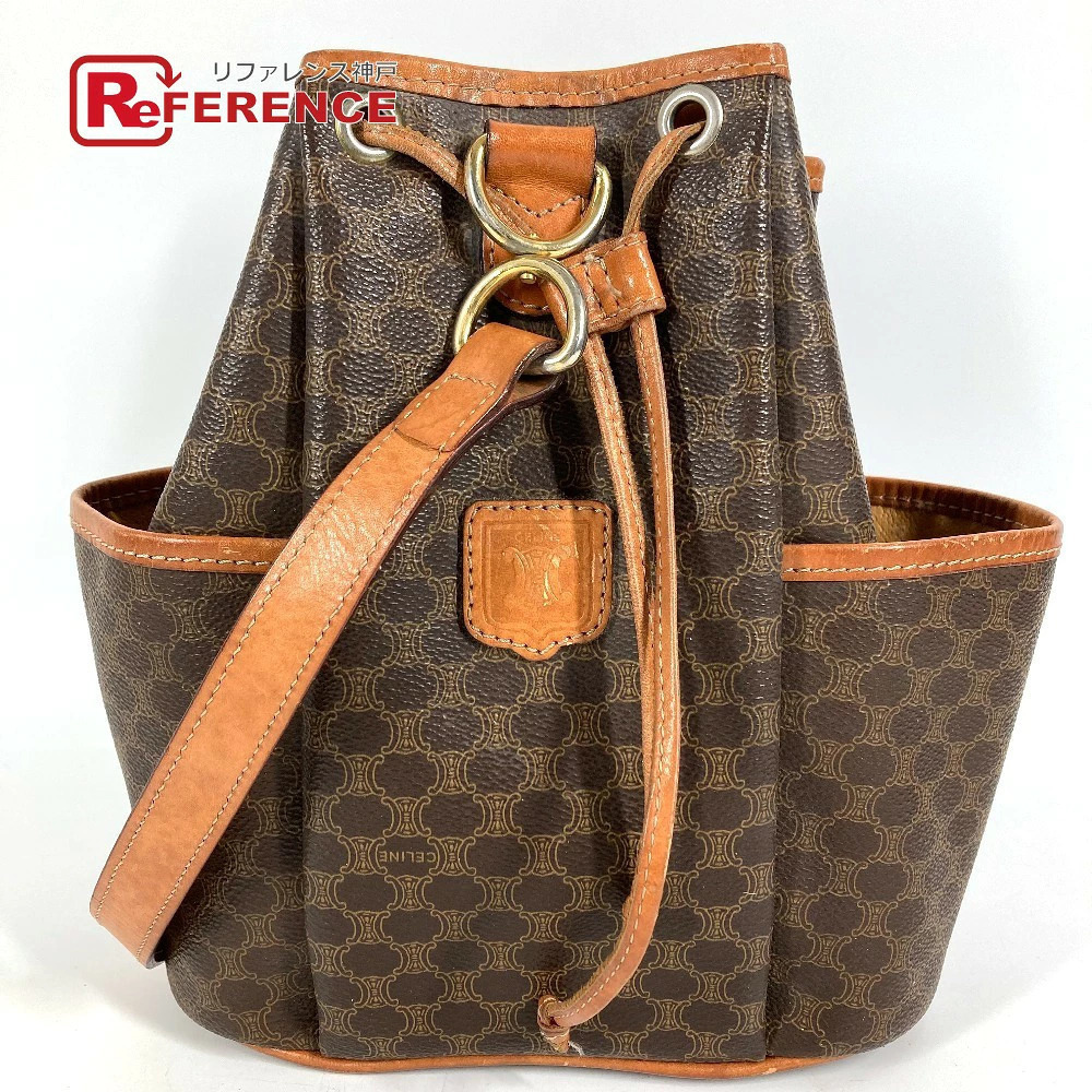 Celine Macadam Bag Drawstring Crossbody Shoulder Leather Canvas Brown